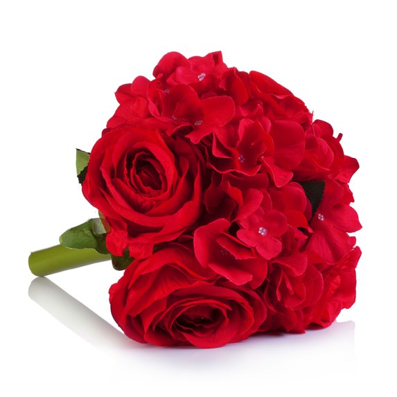 Enova Home 12" Mixed Artificial Silk Roses and Hydrangea Fake Flowers Bouquet Set of 2 (Red)