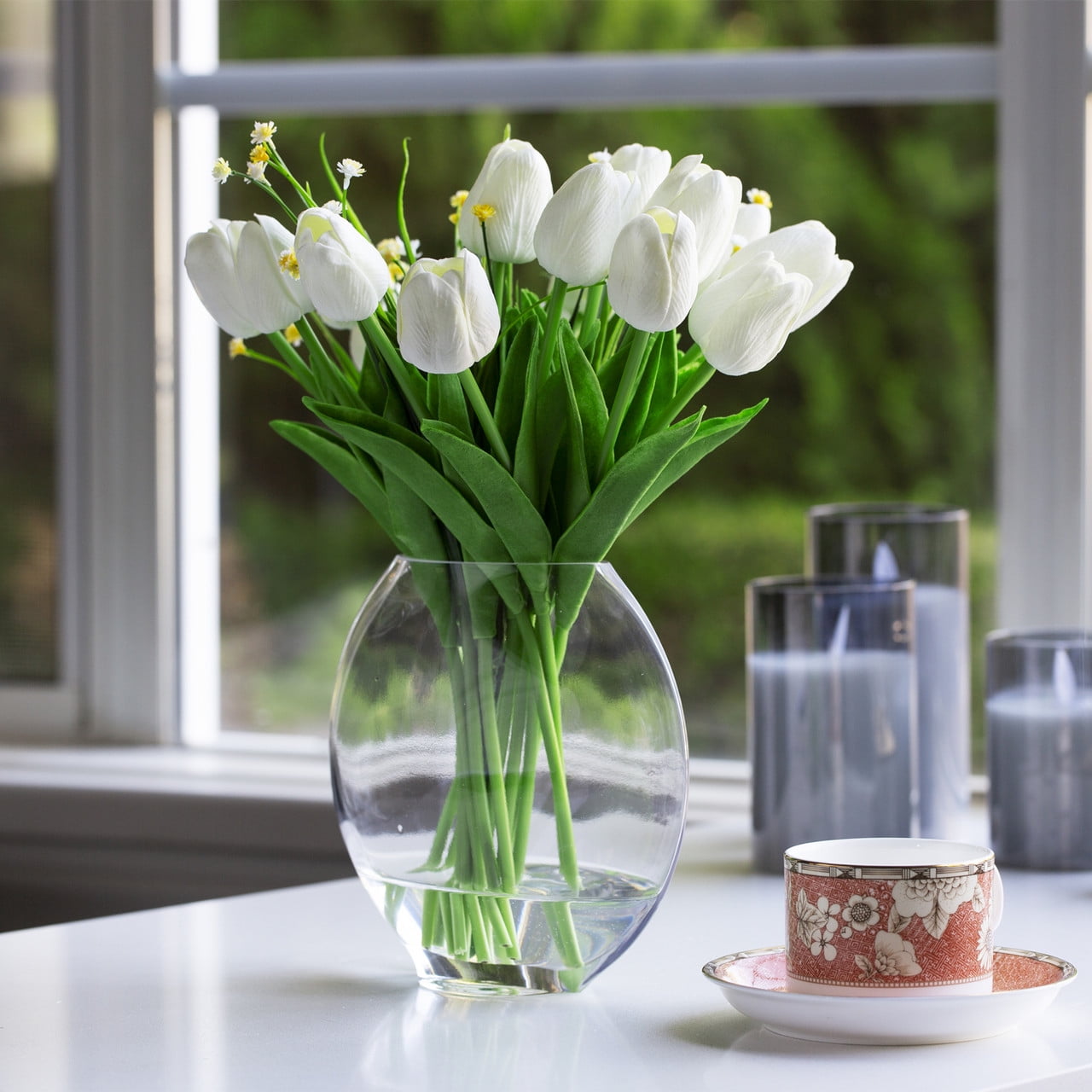 Enova Home 15 Heads Artificial Real Touch Tulip Arrangement in Clear Glass Vase with Faux Water (White)