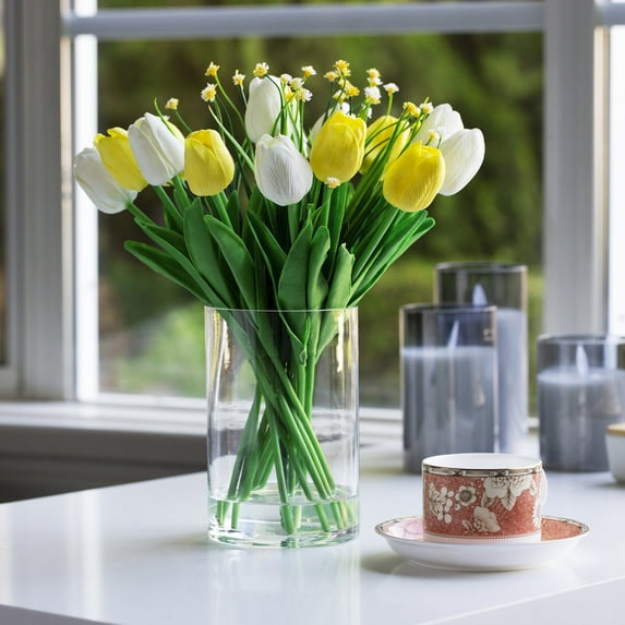 Enova Home 18 Heads Artificial Real Touch Tulip Arrangement in Clear Cylinder Glass Vase with Faux Water (White Yellow)