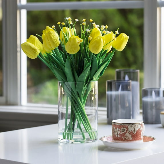 Enova Home 18 Heads Artificial Real Touch Tulip Arrangement in Clear Cylinder Glass Vase with Faux Water (Yellow)