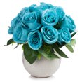 thumbnail image 1 of Enova Home 18 Heads Artificial Silk Roses Faux Flowers Arrangement in Round Tapered Ceramic Pot for Home Office Wedding Decor (Aqua), 1 of 4