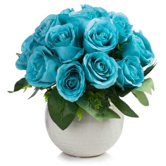 Enova Home 18 Heads Artificial Silk Roses Faux Flowers Arrangement in Round Tapered Ceramic Pot for Home Office Wedding Decor (Aqua)