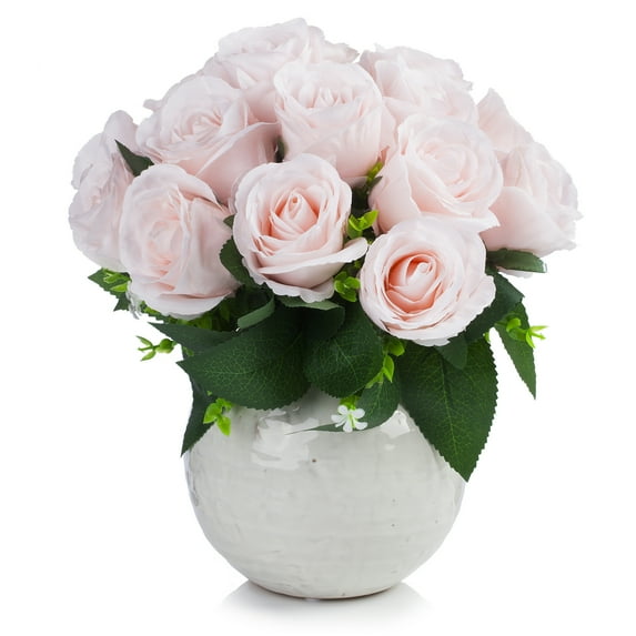 Enova Home 18 Heads Artificial Silk Roses Faux Flowers Arrangement in Round Tapered Ceramic Pot for Home Office Wedding Decor (Pink)