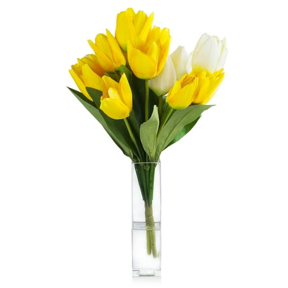 Enova Home 18 Heads Artificial Silk Tulips Faux Flowers Arrangement in Glass Vase with Acrylic Water for Home Office Decoration (Cream Yellow)