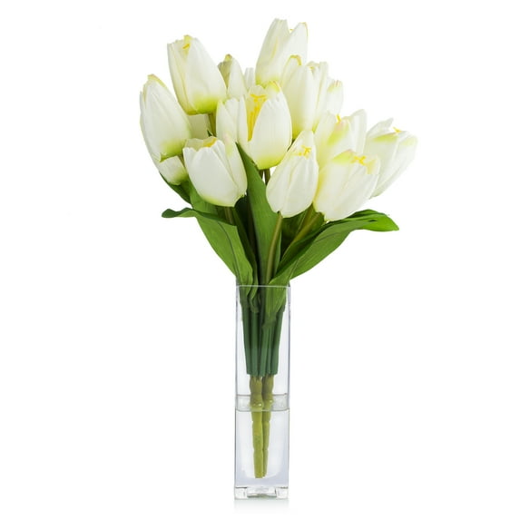 Enova Home 18 Heads Artificial Silk Tulips Faux Flowers Arrangement in Glass Vase with Acrylic Water for Home Office Decoration (Cream)
