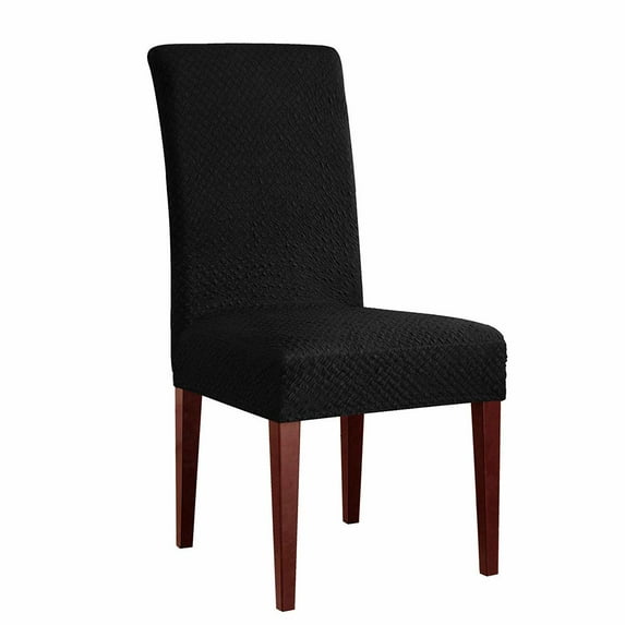 Enova Home 2 Pcs Seersucker Jacquard Polyester Spandex Fabric Stretch Dining Chair Slipcovers Removable Washable Protector (Black)
