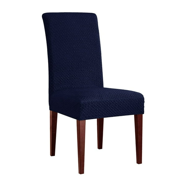 Enova Home 2 Pcs Seersucker Jacquard Polyester Spandex Fabric Stretch Dining Chair Slipcovers Removable Washable Protector (Dark Blue)