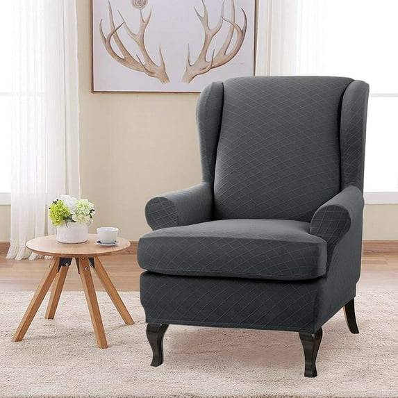 Enova Home 2 Piece Wingback Chair Slipcover Super Stretch Rhombus Jacquard Spandex Fabric Wingback/Wing Chair Slipcovers with T-Cushion Cover (Gray)