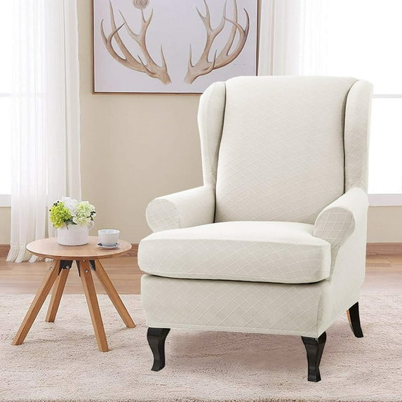Enova Home 2 Pieces Wingback Chair Slipcover Super Stretch Rhombus Jacquard Spandex Fabric Wingback/Wing Chair Slipcovers with T-Cushion Cover (Ivory)