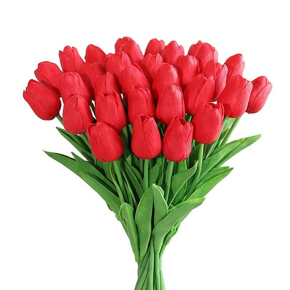 Enova Home 20 Pcs Artificial PU Real Touch Tulips Flowers Stems (Red)