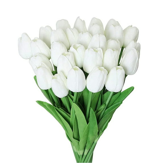 Enova Home 20 Pcs Artificial PU Real Touch Tulips Flowers Stems (White)