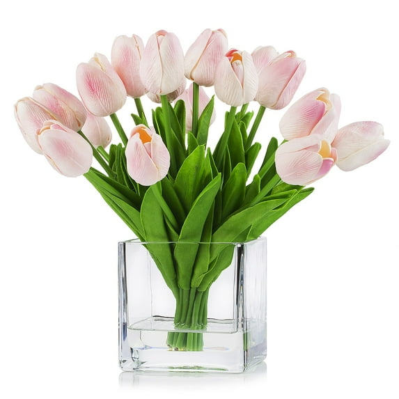 Enova Home 20 Pieces Artificial Real Touch Silk Tulips Flowers Arrangement in Cube Glass Vase with Faux Water For Home Garden Decoration (Pink)