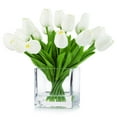 thumbnail image 1 of Enova Home  20 Pieces Artificial Real Touch Tulips Fake Silk Flowers Arrangement in Cube Glass Vase with Faux Water White, 1 of 4