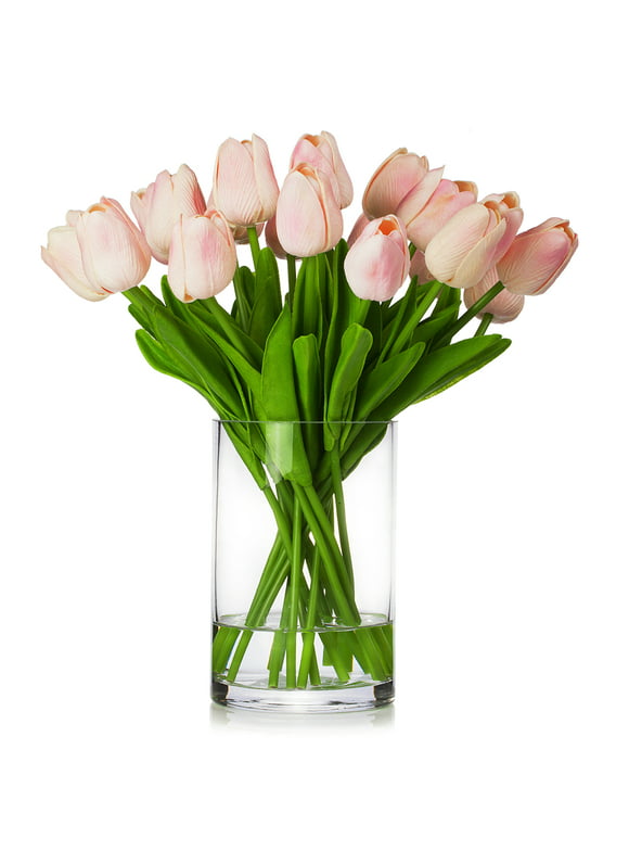 Enova Home  20 Pieces Artificial Real Touch Tulips Fake Silk Flowers Arrangement in Glass Vase with Faux Water for Home Decor Pink