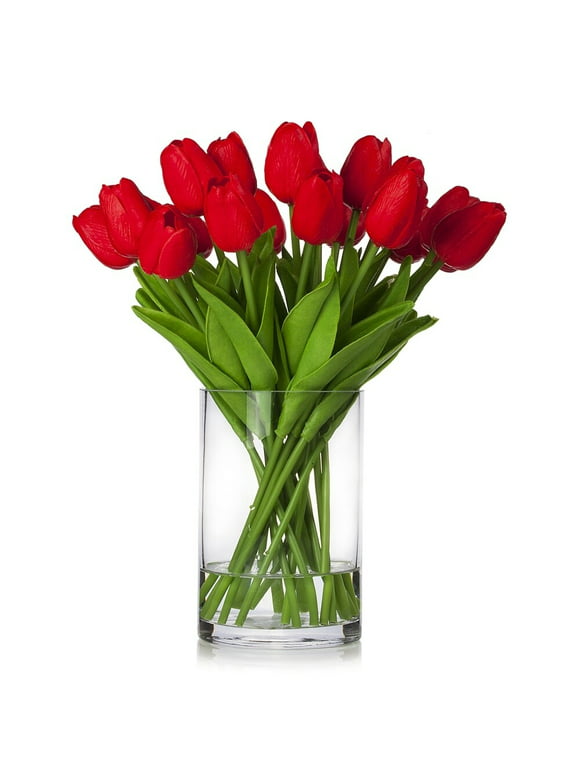 Enova Home  20 Pieces Artificial Real Touch Tulips Fake Silk Flowers Arrangement in Glass Vase with Faux Water for Home Decor Red