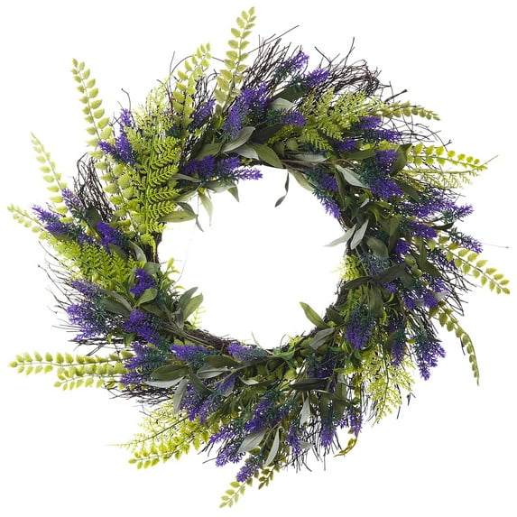 Enova Home 24" Artificial Lavender Flower Wreath with Green Leaves for Festival Celebration Front Door Wall Window Party Decoration