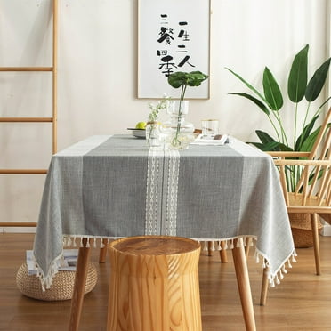Enova Home 54" x 78" Light Grey High Quality Rectangle Cotton and Linen Tablecloth with Tassels (Light Grey)