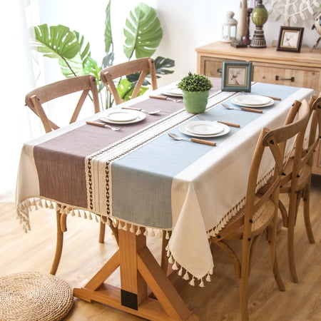 Enova Home 54"x 80" High Quality Tablecloth with Tassels, Rectangle Cotton and Linen Table Protector Cover for Table Decoration (Blue Purple)