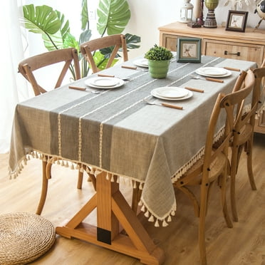 Enova Home 54"x 80" High Quality Tablecloth with Tassels, Rectangle Cotton and Linen Table Protector Cover for Table Decoration (Grey)