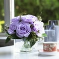 thumbnail image 1 of Enova Home 9 Heads Artificial Silk Rose Flowers in Clear Cube Glass Vase with Faux Water (Lavender), 1 of 4