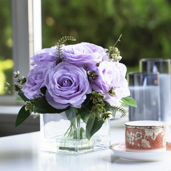 Enova Home 9 Heads Artificial Silk Rose Flowers in Clear Cube Glass Vase with Faux Water (Lavender)
