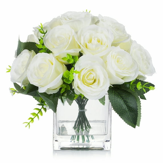 Enova Home Artificial 18 Heads Fake Silk Roses Flowers Arrangement in Clear Cube Glass Vase with Faux Water for Home Office Decoration(Cream)