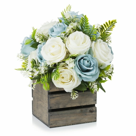 Enova Home Artificial 18 Heads Mixed Silk Roses Flowers Arrangement With Wood Planter(Cream Blue)