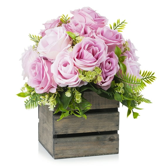 Enova Home Artificial 18 Heads Mixed Silk Roses Flowers Arrangement With Wood Planter (Pink)