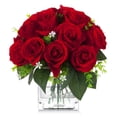 thumbnail image 1 of Enova Home  Artificial 18 Heads Silk Roses Fake Flowers Arrangement in Clear Glass Vase with Faux Water for Home Office Decor Red, 1 of 5