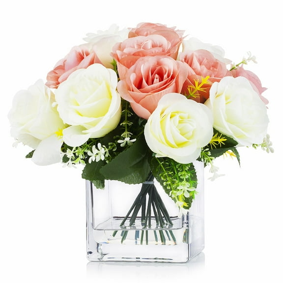 Enova Home Artificial 18 Heads Silk Roses Flowers Arrangement in Clear Glass Vase With Faux Water For Home Office (Cream Pink)