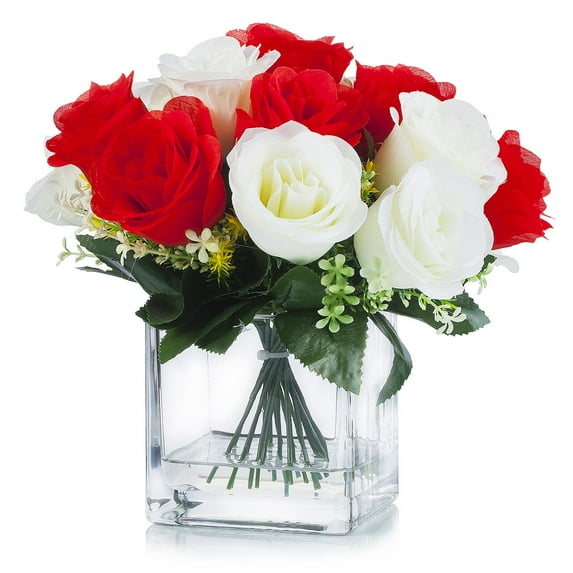 Enova Home Artificial 18 Heads Silk Roses Flowers Arrangement in Clear Glass Vase With Faux Water For Home Office (Cream Red)