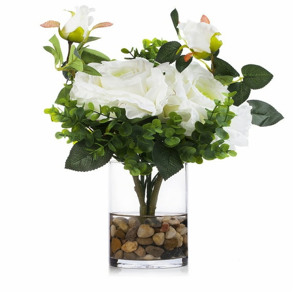 Enova Home Artificial 2 Large Silk Roses Flowers and Mixed Greenery Arrangement in Clear Glass Vase with River Rock (White)