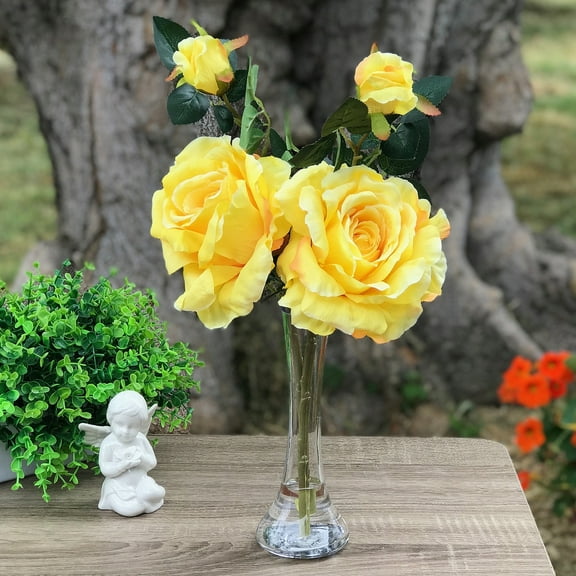 Enova Home Artificial 2 Large Stems Open Roses Silk Flowers in Clear Glass Vase (Yellow)