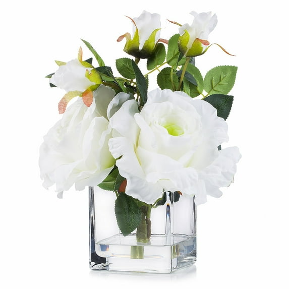 Enova Home Artificial 3 Large Silk Roses Flowers Arrangement in Clear Glass Vase with Faux Water (White)