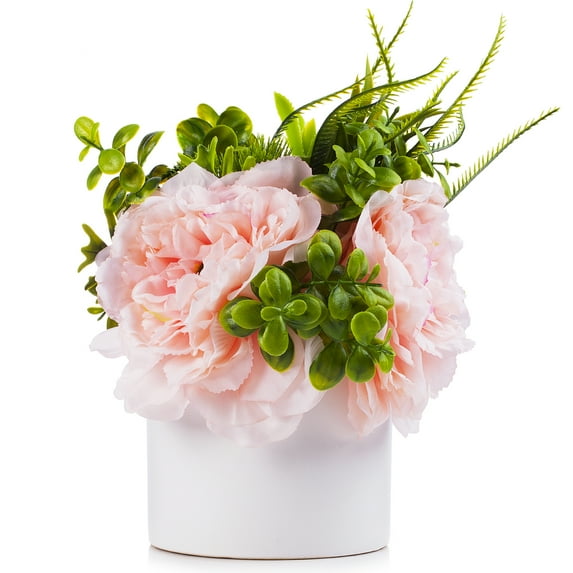 Enova Home Artificial 3 Larges Silk Peony Mixed with Greenery Faux Flowers in White Ceramic Vase for Home Office Wedding Decoration (Pink)