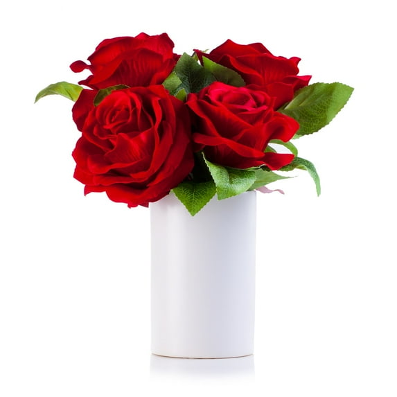 Enova Home Artificial 6 Head Roses Silk Flowers Arrangement in White Ceramic Vase (Red)