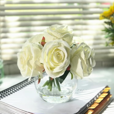 Enova Home Artificial 7 Cream Open Rose Silk Flowers Stem in Round Clear Glass Vase with Faux Water (Cream)