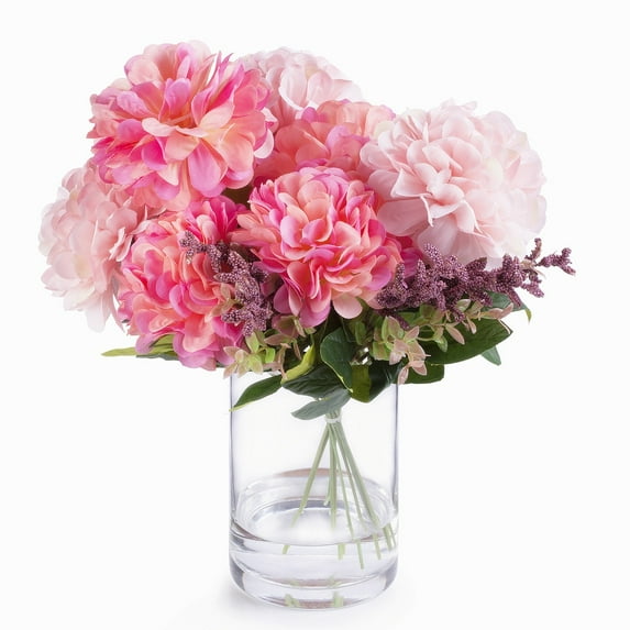 Enova Home Artificial 7 Heads Dahlia Mixed Silk Flowers Arrangement in Glass Vase with Faux Water (Pink)
