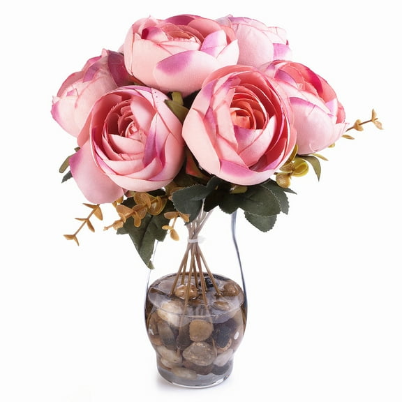 Enova Home Artificial 7 Heads Peony Silk Flowers Arrangement in Clear Glass Vase with Faux Water (Pink)