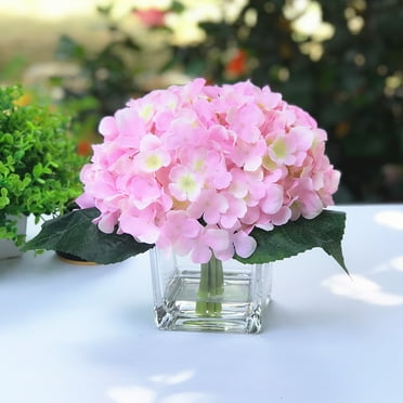 Enova Home Artificial 7 Steams Hydrangea Silk Flowers in Clear Glass Vase with Faux Water (Pink)