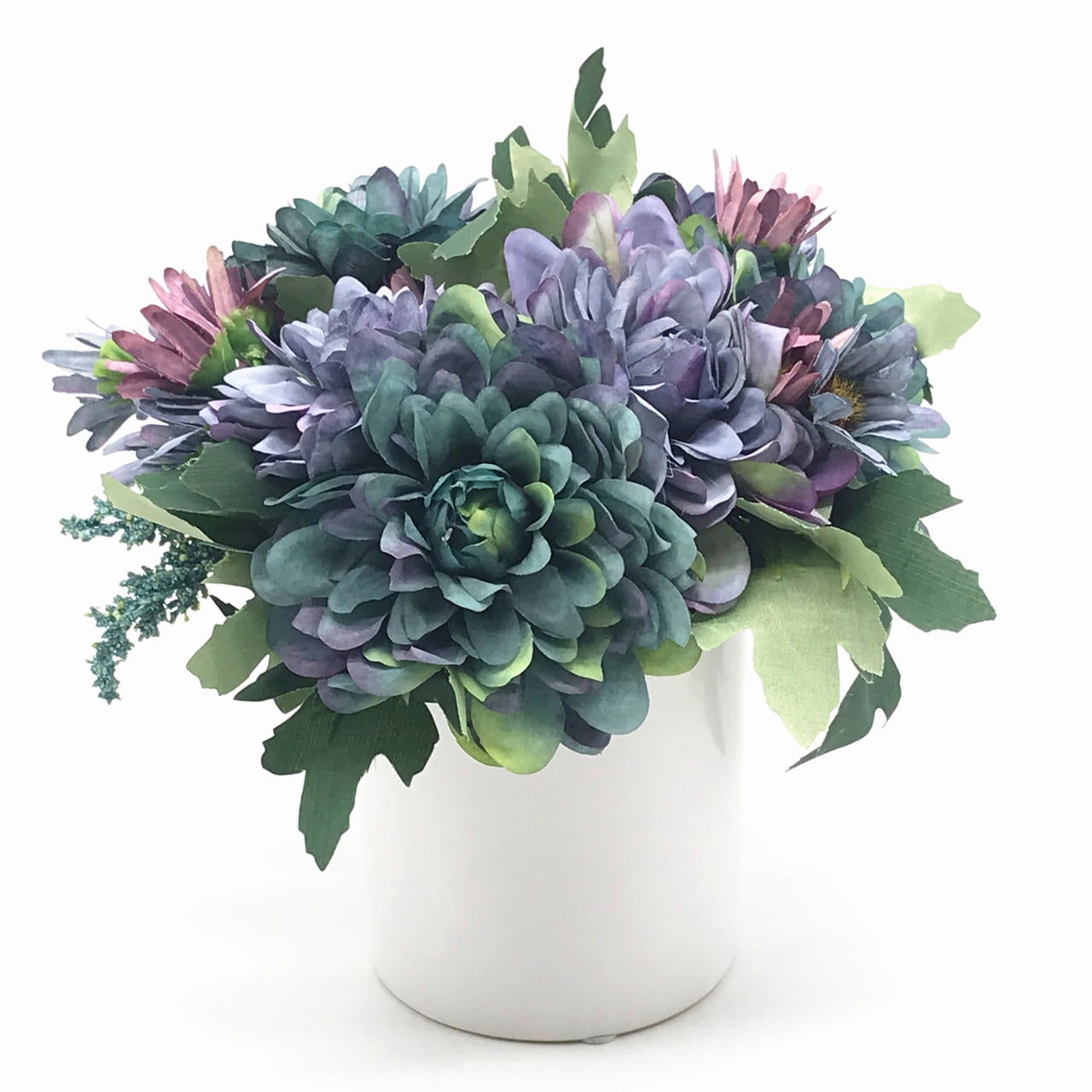 Blue and Purple Silk Flower Arrangement in White Ceramic Vase