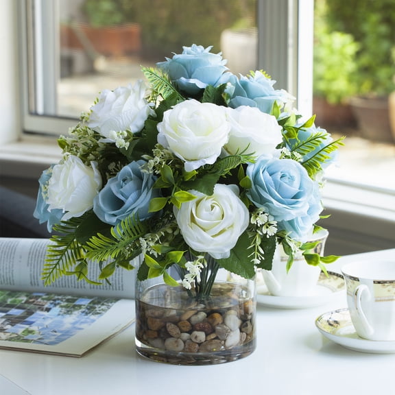 Enova Home Artificial Flowers 18 Heads Silk Blue Cream Roses Fake Flowers Arrangement in Cylinder Glass Vase with River Rock for Home Office Wedding Decoration