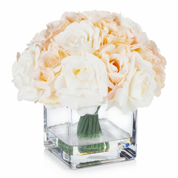 Enova Home Artificial Flowers 18 Heads Silk Roses Fake Flowers Arrangement in Cube Glass Vase with Faux Water for Home Office Wedding Decoration (Beige Cream)