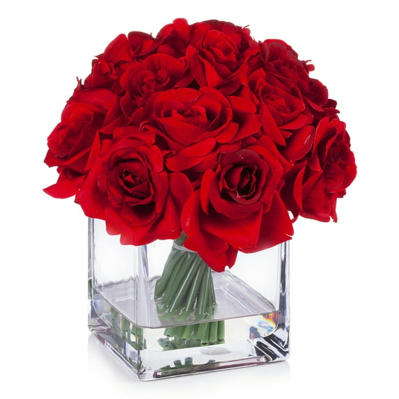 Enova Home Artificial Flowers 18 Heads Silk Roses Fake Flowers Arrangement in Cube Glass Vase with Faux Water for Home Office Wedding Decoration (Red)