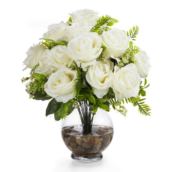 Enova Home Artificial Flowers 18 Heads Silk Roses Fake Flowers Arrangement in Round Glass Vase with Faux Water and River Stone for Home Office Wedding Decoration (Cream)