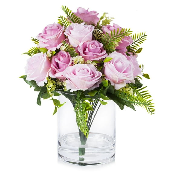 Enova Home Artificial Flowers 18 Heads Silk Roses Fake Flower in Cylinder Glass Vase with Faux Water for Home Office Wedding Decoration (Pink)