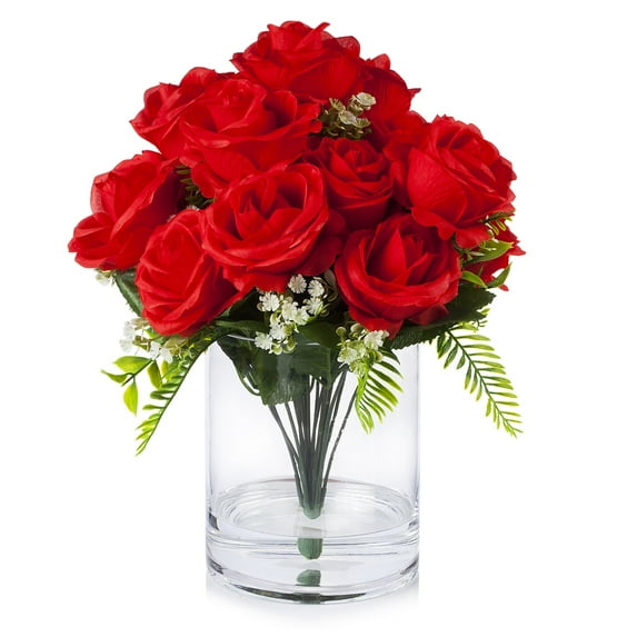 Enova Home Artificial Flowers 18 Heads Silk Roses Fake Flower in Cylinder Glass Vase with Faux Water for Home Office Wedding Decoration (Red)