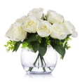 thumbnail image 1 of Enova Home Artificial Flowers 18 Heads Silk Roses Fake Flowers Arrangement in Clear Round Glass Vase with Faux Water for Home Office Wedding Decoration (Cream), 1 of 4