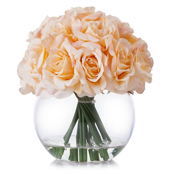 Enova Home Artificial Flowers 21 Heads Silk Roses Fake Flowers Arrangement in Round Clear Glass Vase with Faux Water for Home Office Wedding Decoration (Peach)