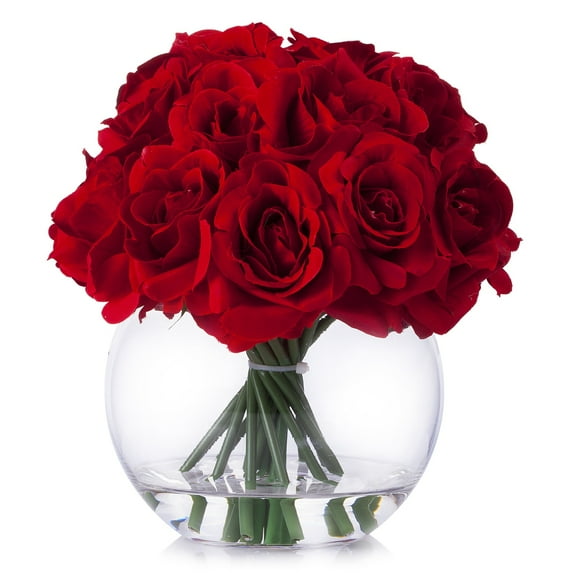 Enova Home Artificial Flowers 21 Heads Silk Roses Fake Flowers Arrangement in Round Clear Glass Vase with Faux Water for Home Office Wedding Decoration (Red)